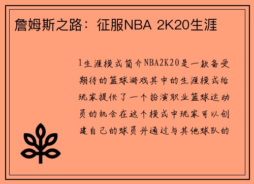 詹姆斯之路：征服NBA 2K20生涯